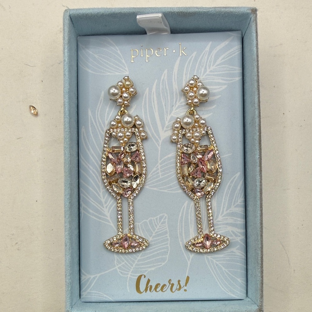 NWT Piper K Champagne Drink Glass Earring Dangle Drop Jewel Cheers Party Wedding - Picture 1 of 9